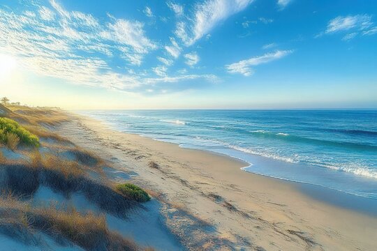 sunlit empty sandy beach with grassy dunes and gentle waves under a vast blue sky, peaceful and serene morning seascape - Powered by Adobe