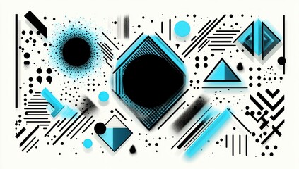 Energetic abstract graphic of black and cyan geometric shapes with a central dark circle inside a diamond, floating circles and triangles, slanted stripes, scattered dots and spray paint textures