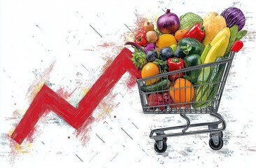Sketchy painted shopping cart overflowing with fresh fruits and vegetables beside a bold red upward zigzag arrow on a white textured background, conveying concern over rising grocery prices