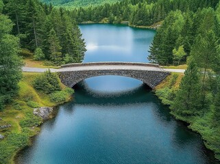 Stone arch bridge over a tranquil blue-green lake surrounded by dense pine forest with peaceful reflections and lush green shoreline