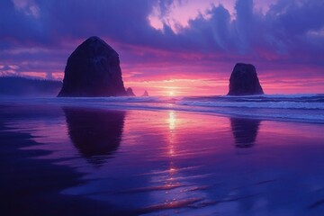 Vibrant purple and pink sunset over sea stacks with reflective wet sand, calm waves and dramatic clouds evoking tranquil awe