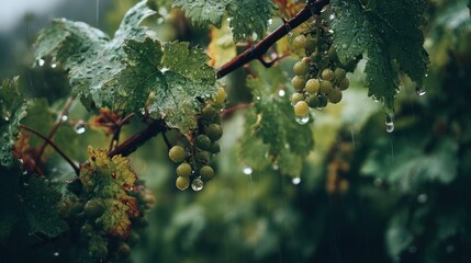 Green grapes on a vine in the rain