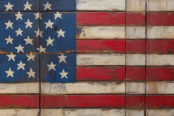 weathered wooden american flag painted on rustic planks with chipped red white and blue paint conveying nostalgia and rugged patriotism