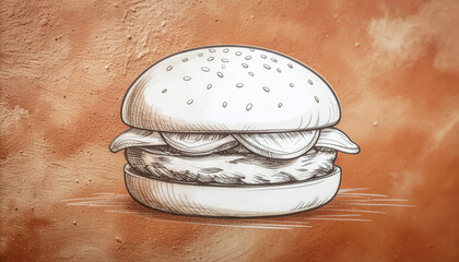 Detailed drawing of a burger with sesame seeds on a textured background.
