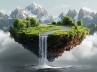 Floating grassy island with winding paved road and waterfall cascading into misty lake, surrounded by trees and snow-capped mountains, serene and dreamlike