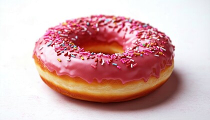Cheerful glazed donut with pink icing and colorful sprinkles on a pale background, appetizing single pastry