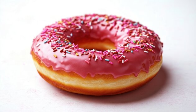 Cheerful glazed donut with pink icing and colorful sprinkles on a pale background, appetizing single pastry