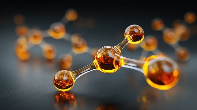 Abstract Molecular Structure Visualization in Orange and Yellow with Dark Background