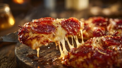 Close-up of a delicious pepperoni pizza slice