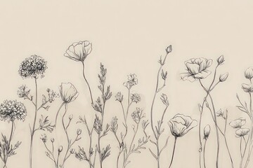 Delicate Black Line Drawing of Wildflowers on Neutral Background for Subtle Elegance and Minimalist Botanical Appeal