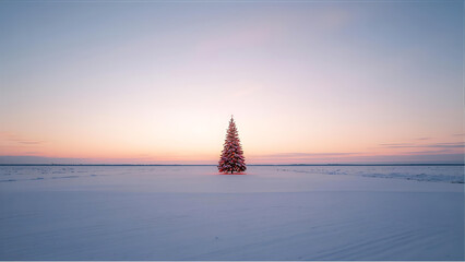 Wide snowy plain with a single decorated Christmas tree in the middle