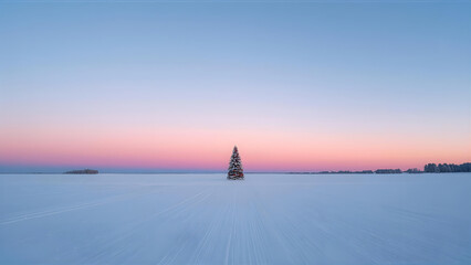 Wide snowy plain with a single decorated Christmas tree in the middle