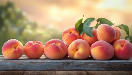 ripe fuzzy peaches with green leaves arranged on a rustic wooden table bathed in warm golden sunlight, evoking freshness and gentle summer warmth