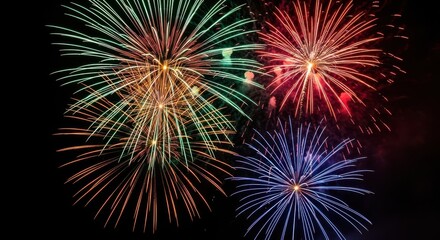 Vibrant display of colorful fireworks exploding in the night sky, creating spectacular bursts of light and celebration