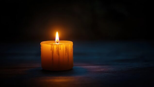 single lit wax candle with melting drips on a dark surface, warm glowing flame evoking calm and solitude - Powered by Adobe