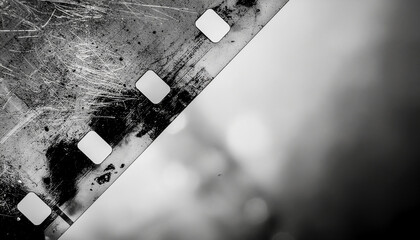 Close-up of a scratched and damaged film strip in black and white.