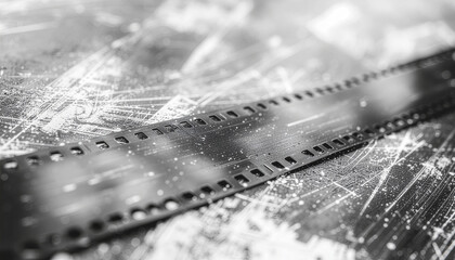 Close-up of a strip of film lying on a textured surface, showcasing the film's perforations and the surface's intricate details.