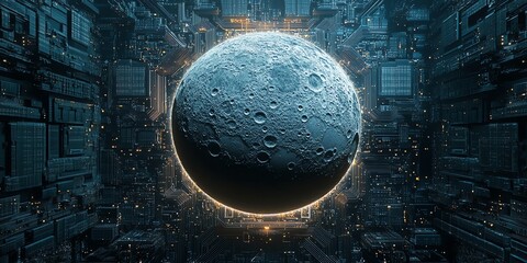 Futuristic Moon in Digital Cityscape with Glowing Lights and Modern Architecture