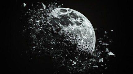 Shattered Moon with Cracks and Debris in Space Scene