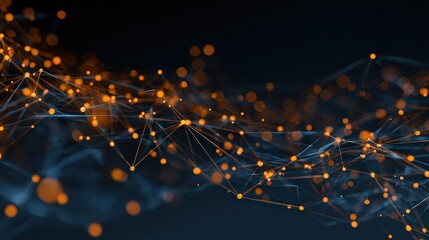 Abstract Orange Network Nodes Connected by Lines Against a Dark Blue Background Creating a Modern Technology Vibe and Suggesting Connectivity and Data Flow
