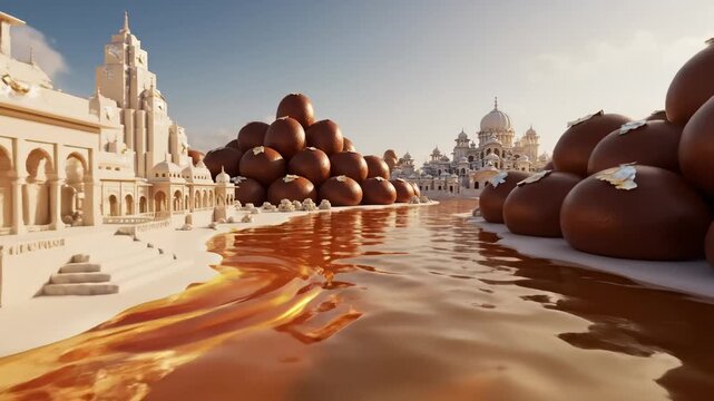 Surreal Landscape of Indian Sweets Gulab Jamun With Palatial Architecture