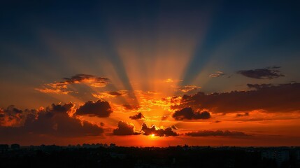 Dramatic Sunset Sky Over City Skyline with Orange and Blue Hues and God Rays