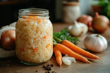 Homemade jar of fermented cabbage with carrot pieces on a wooden table surrounded by fresh carrots, onion, garlic and peppercorns, evoking cozy rustic comfort