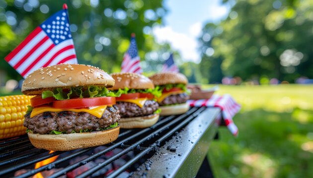 Delicious cheeseburgers grilling on a barbecue outdoors for a patriotic summer holiday cookout with American flags