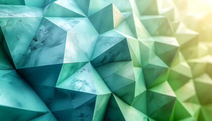 Abstract geometric background with triangles in shades of green and blue, illuminated by a soft light.