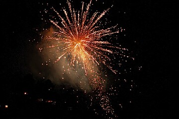 Exploding Fireworks Display Against Black Night Sky Showcasing Red And Orange Colors