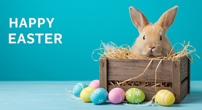 Easter Bunny in Wooden Crate with Decorated Eggs and Happy Easter Text Keywords: Easter, Happy Easter, bunny, rabbit, cute, animal, pet, wooden crate