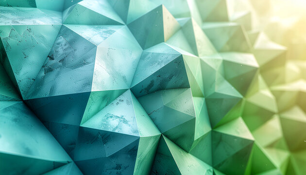 Abstract geometric background with triangles in shades of green and blue, illuminated by a soft light.