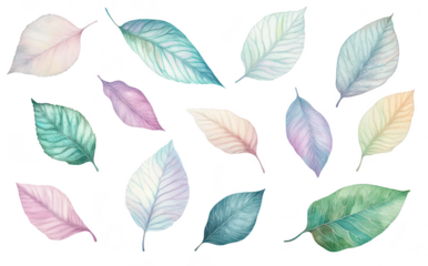 A collection of beautifully illustrated leaves in various pastel colors. intricate details and textures. perfect for nature-themed designs or backgrounds