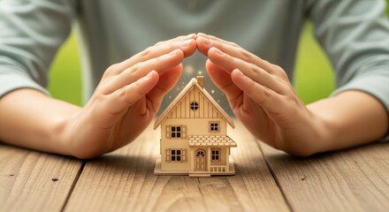 A person's hands protecting a small wooden house model on a wooden table.