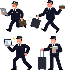 Pilot Traveling With Laptop And Suitcase In Flat Design