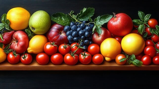 Abundant still life of ripe fruits and tomatoes on a wooden shelf with red apples and nectarines, yellow lemons, green pear, dark grapes, clusters of cherry tomatoes and fresh basil, vibrant and fresh - Powered by Adobe