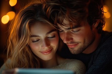 cozy couple cuddling indoors by warm bokeh lights while sharing a device, intimate relaxed and tender moment
