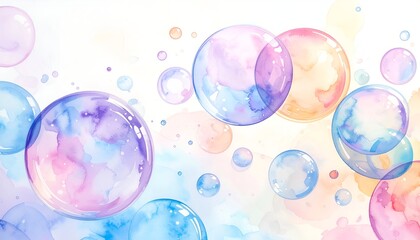 Watercolor painting featuring floating, translucent bubbles in various pastel colors on white