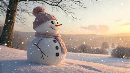 Fototapeta premium Cute Winter Snowman With Warm Scarf – smiling holiday mascot background for Christmas ads