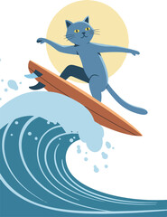 Pixel Art Blue Cat Surfing Big Wave Yellow Sun Background