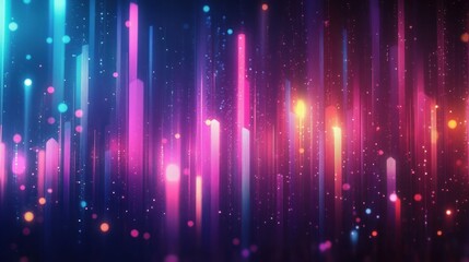 Vertical neon light beams and floating bokeh particles over a dark background, vibrant pink, blue and orange glow with a dreamy, futuristic and magical atmosphere