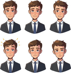Pixel Art Business Man Expressions Set Dark Suit Blue Tie White Shirt Isolated
