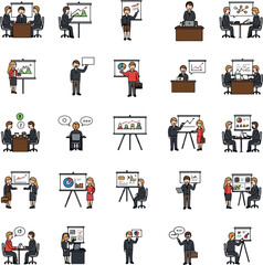 Pixel Art Business Meeting People Presentation Icons Set
