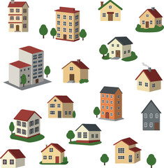 Pixel Art Buildings Houses Apartments Cityscape Isolated Elements