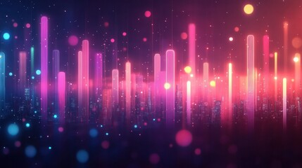 dreamy futuristic neon city skyline with glowing vertical light pillars, floating bokeh orbs, starry sky and vibrant pink purple blue orange hues conveying energetic wonder