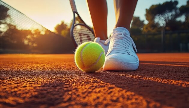 Close-up of tennis ball and white sneaker on orange clay court at sunset with player legs, racket and net, conveying anticipation and focused readiness