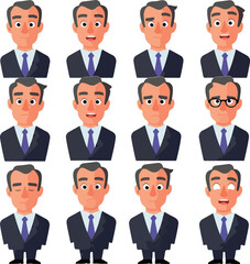 Pixel Art Businessman Character Expressions Set Blue Suit