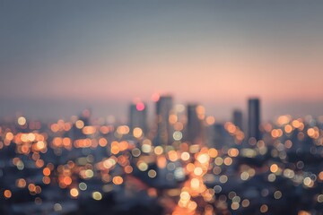 Blurred Cityscape at Dusk Warm Hues and Bokeh Effect with Buildings Silhouettes Illuminated Windows and Soft Focus