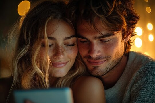 Couple snuggling together at night reading a tablet with warm bokeh lights creating a cozy, intimate atmosphere - Powered by Adobe