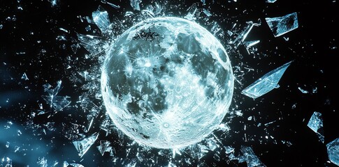Futuristic Blue Moon Shattering with Glass Fragments in Space Scene